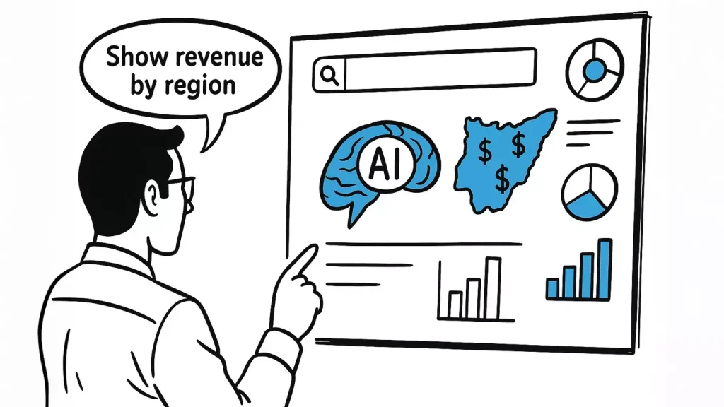 A black and white hand-drawn digital illustration of a business user querying an AI-powered data warehouse using natural language. The user is shown typing or speaking to an AI assistant, surrounded by data charts, graphs, and icons representing cloud storage, automation, and real-time analytics. The image emphasizes intuitive interaction with data through conversational interfaces and advanced machine learning. A black and white hand-drawn digital illustration of a business user querying an AI-powered data warehouse using natural language. The user is shown typing or speaking to an AI assistant, surrounded by data charts, graphs, and icons representing cloud storage, automation, and real-time analytics. The image emphasizes intuitive interaction with data through conversational interfaces and advanced machine learning.