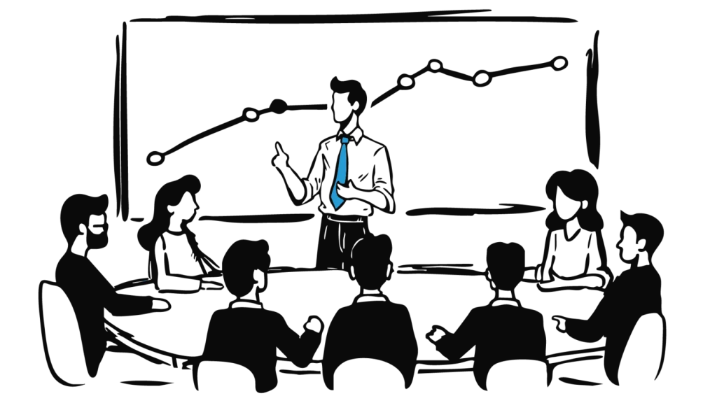Hand-drawn illustration of a business leader presenting data insights to a team around a conference table. A rising data line is shown in the background, symbolizing growth and analytics. The presenter is highlighted with a blue tie, emphasizing leadership and strategic communication.