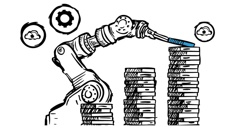 Hand-drawn illustration of a robotic arm building stacks of data disks, symbolizing automated data processing and AI-powered data warehousing. Surrounding cloud and gear icons represent cloud computing, system integration, and digital transformation.