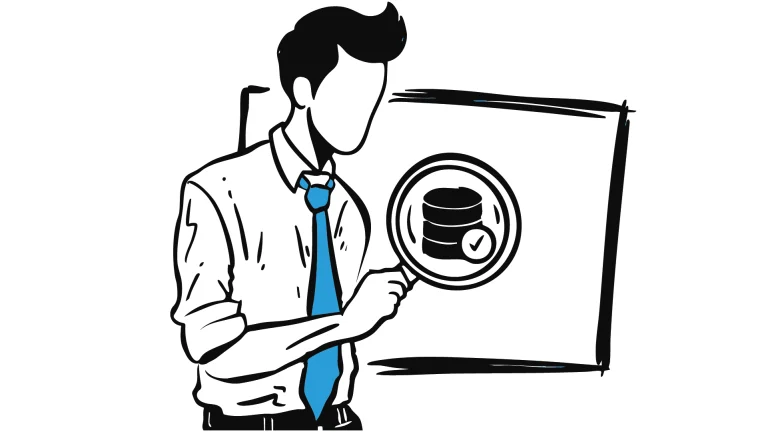 Minimalist black-and-white sketch of a professional in a tie pointing to a magnified database icon with a checkmark on a large screen. The image represents data validation, business intelligence, and secure analytics, with a focus on accuracy and trustworthy data systems. Minimalist black-and-white sketch of a professional in a tie pointing to a magnified database icon with a checkmark on a large screen. The image represents data validation, business intelligence, and secure analytics, with a focus on accuracy and trustworthy data systems.