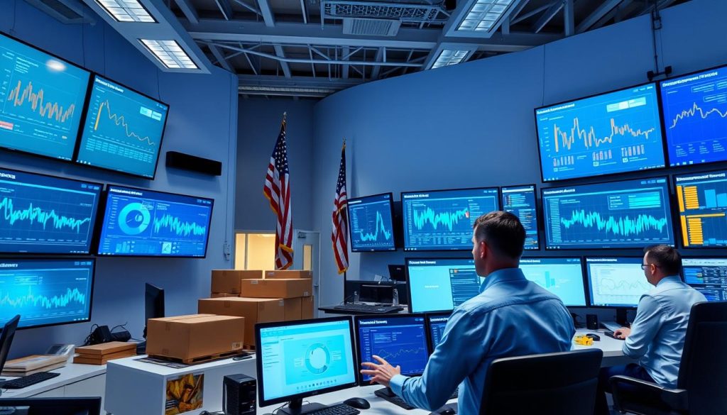 AI-powered logistics control center showing supply chain optimization dashboard AI-powered logistics control center showing supply chain optimization dashboard