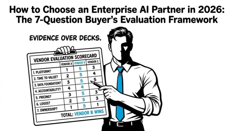 How to Choose an Enterprise AI Partner in 2026: The 7-Question Buyer's Evaluation Framework — illustration of the FreshBI businessman in a blue tie holding up a clipboard scorecard with seven question rows scoring three vendor columns side by side