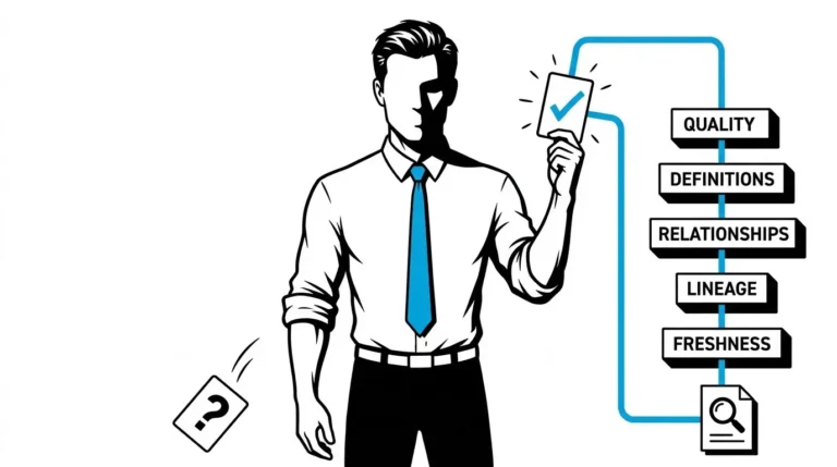 The Man in the Blue Tie holding up a glowing AI answer traced by a clear cyan line back through five stacked data requirement blocks to a source record, while a confident wrong answer with no trace line falls away, illustrating that AI-ready data is traceable to its source