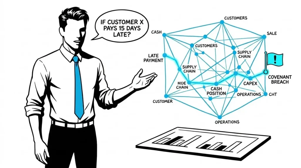 What Is a Digital Twin for Business? The Executive Explainer 1 Digital twin for business. The Man in the Blue Tie as a CFO querying a live cash-flow model that traces a late customer payment through to a covenant warning, illustrating a digital twin answering a forward-looking question